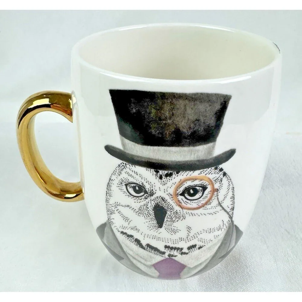 Pier 1 Owl in Top Hat Suit Gold Handle 24 oz Mug. 3.5